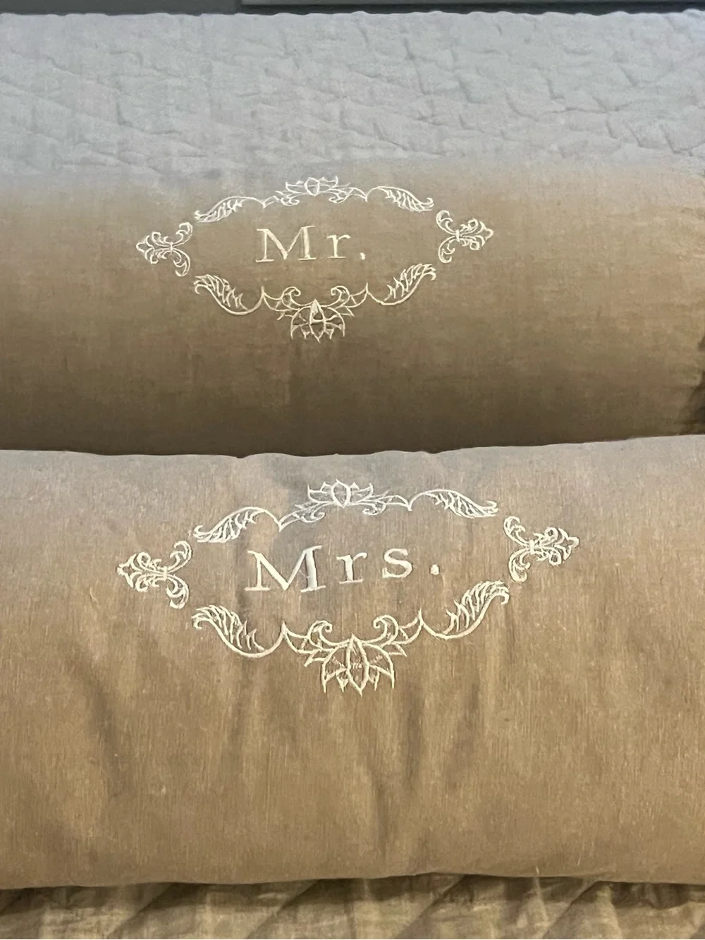 Mr. & Mrs. Embroidered Decorative Bolster Pillows - Taupe